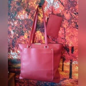 Garnet red faux leather shoulder bag & matching coin purse, NWOT